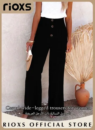 Women's Casual Wide Leg Pants Cotton Linen Pants Elastic High Waist Trousers With Pockets 