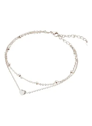 Women Double Chain Ankle Beads Heart Charm 