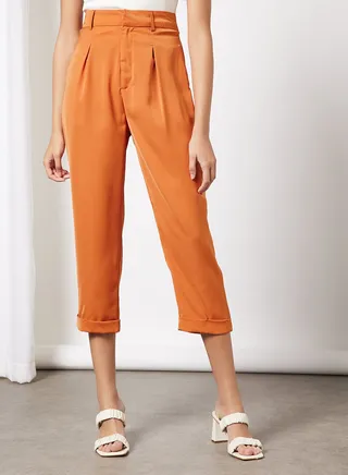 Women High Waist Slant Pocket Wide Leg Pants Orange 