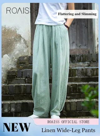 Women Relaxed Fit Cotton Linen Blend Pants Artistic Style Sand Washed Wide Legged Trousers for Women Flattering and Comfortable Ladies Linen Lantern Pants 