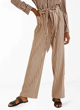 Striped Belted Pants 30Brown 