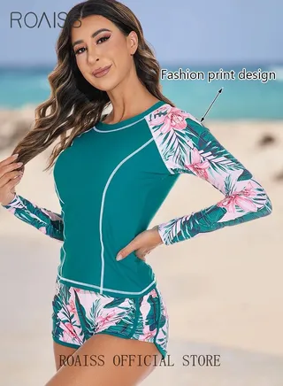 Women 2 Piece Swimsuit with Side Tie Boxer Shorts Beach Suit Women Long Sleeved Sun Protection Surfing Wetsuit 