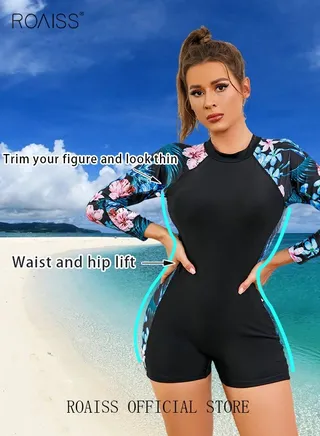 Women One Piece Backless Swimsuit Color Block Surf Clothes Long Sleeve Swimwear Conservative Beachwear Bathing Suit Sports Suits Jumpsuit 