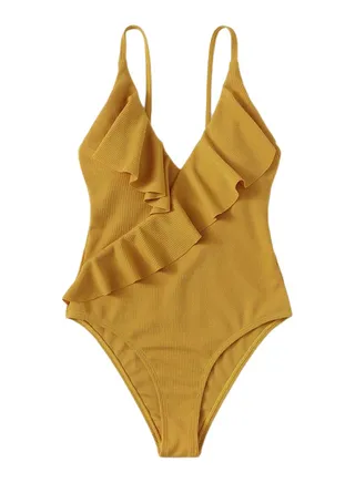 V Neck Ruffles Design Sweet Solid Swimwear Yellow 