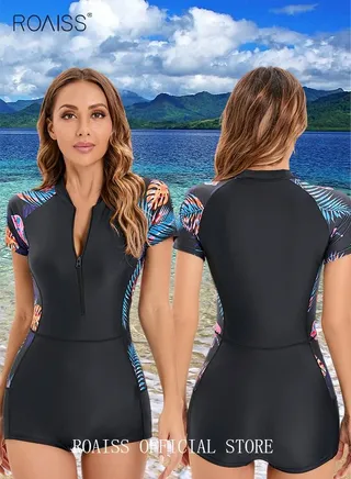 Women One Piece Swimsuit Color Block Surf Clothes Short Sleeve Swimwear Conservative Beachwear Bathing Suit Sports Suits Jumpsuit 