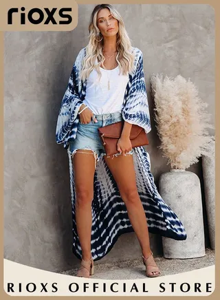 Women's Summer Fashion Printed Print Kimono Casual Open Front Cover up Long Cardigan Loose Beach Swimsuit Cover up 