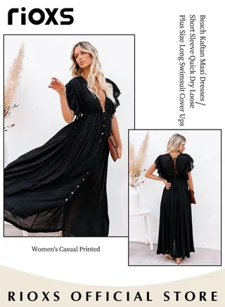 Women's Deep V Neck Maxi Dress Bikini Cover Up Beach Swimwear Ruffle Short Sleeves Cardigan Button Dress 