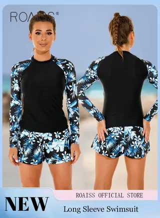 Women One Piece Swimsuit with Boxer Shorts Fashionable Print Design One Piece Beach Suit Women Long Sleeved Sun Protection Surfing Wetsuit 