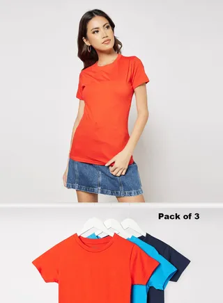 Pack Of 3 Women's Basic Crew Neck Cotton Biowashed Fabric Comfort Fit Stylish Design T-Shirt Red/Blue/Dark Navy 