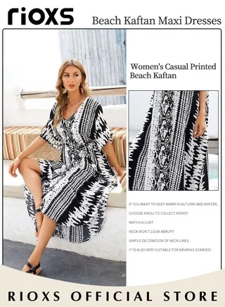 Women's Casual Printed Beach Kaftan Maxi Dresses Short Sleeve Quick Dry Loose Plus Size Long Swimsuit Cover Ups 