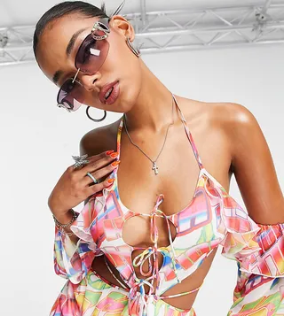 ASYOU tie front off-shoulder dress in graphic print