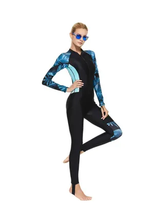 Long Sleeve Printed Zipper Closure Swimming One Piece Multicolour 