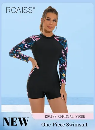 Women One Piece Backless Swimsuit Color Block Surf Clothes Long Sleeve Swimwear Conservative Beachwear Bathing Suit Sports Suits Jumpsuit 