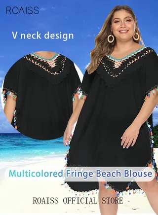 Women Lace-up Beach Blouse with Fringe Trim Cover Up Beachwear Embroidery Mesh Dress Casual Bathing Suit Sunscreen Swim Skirt Hollow Lace Cardigan for Summer Black 