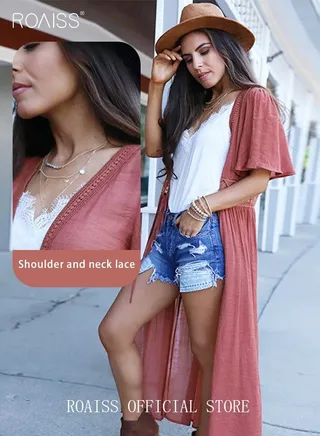 Women Lace-up Beach Blouse Cover Beachwear Up Embroidery Mesh Dress Kimonos Bathing Suit Sunscreen Swim Skirt Hollow Lace Cardigan for Summer 