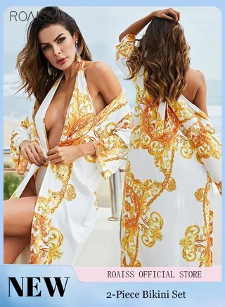 2 Piece Women's Printed Swimsuit One Piece Swimsuit Long Sleeve Sunscreen Cardigan 