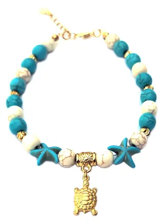 Long Size Anklet with a Turtle and 2 Starfish for Women 