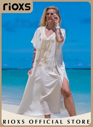 Women's Summer Embroidery V Neck Short Sleeve Side Split Swim Cover Up Loose Beach Swimsuit Kaftan Long Dress 