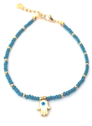 Long Size Crystal Anklet with an Evil Eye in the Center of a Hamsa 