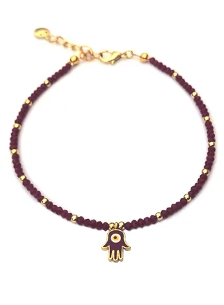 Long Size Crystal Anklet with an Evil Eye in the Center of a Hamsa 