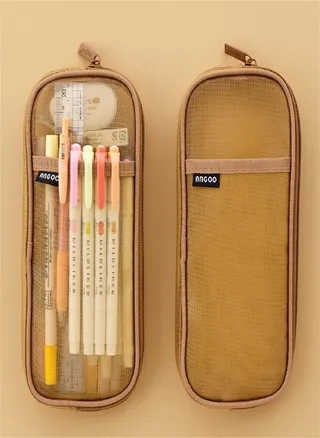Grids Mesh Pen Pencil Case With Zipper Clear Makeup Color Pouch Cosmetics Bag 