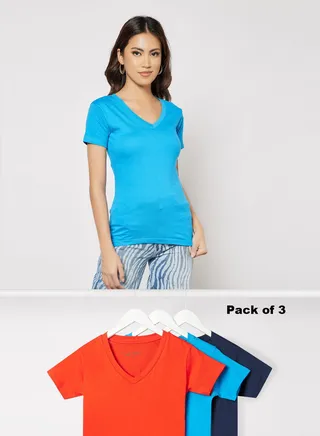 Pack Of 3 Women's Basic V-Neck Cotton Biowashed Fabric Comfort Fit Stylish Design T-Shirt Blue/Red/Dark Navy 