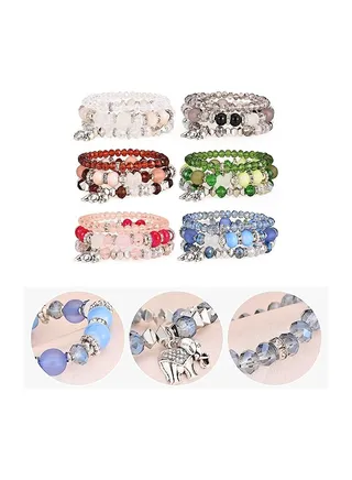 Layered Crystal Bracelet 6 Pcs Elephant Bohemian Bracelet Sets for Women Stackable Bead Bracelets for Women Temperament Layered Bead String Elastic Bracelet 