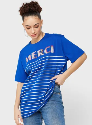 Wide Fit Sequin Graphic Striped T-Shirt