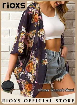 Women Casual Floral Print Beach Cover Ups Short Sleeve Kimono Cardigan Loose Beach Swimsuit Dress 