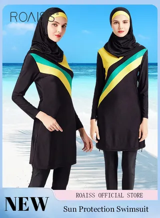 3 Piece Women Conservative Colorblock Swimsuit Set Muslim Sun Protection Swimwear Swimming Trousers Cap Ladies Loose Beachwear Dress Arab Clothing 