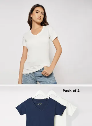 Women Pack of 2 T-shirts V Neck Short Sleeve Comfort Fit Biowashed Premium Cotton Vaporous Grey/Dark Navy 