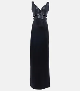 Leather-trimmed cutout gown