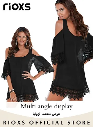 Women Cover Up Dress Summer Cold Shoulder Lace Loose Bikini Swimsuit Beach Dress 