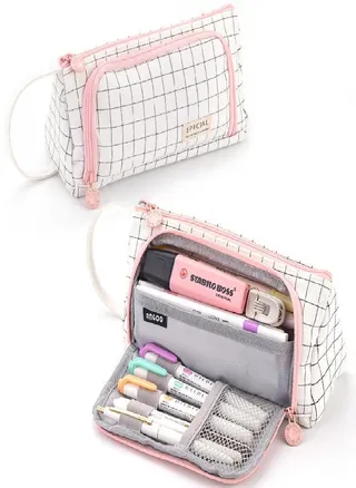 Stationary Pen Storage Bag Pencil Multi Layer Large Capacity Cosmetic Travel Simple Plaid Case 