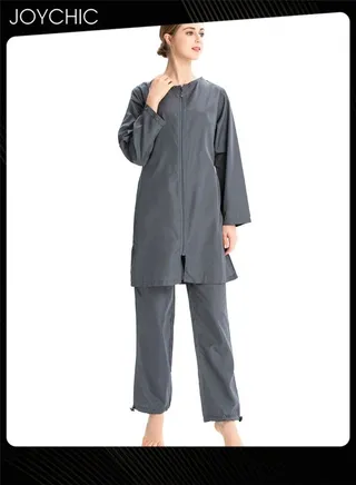 3-piece Muslim Women Conservative Swimwear Set Summer Casual Comfortable and Sun Protection Long Sleeve Zipper Closure Swimsuit Lightweight Beach Wear Grey 