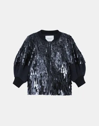 Wool Silk Faille Paillette Lantern Sleeve Jacket