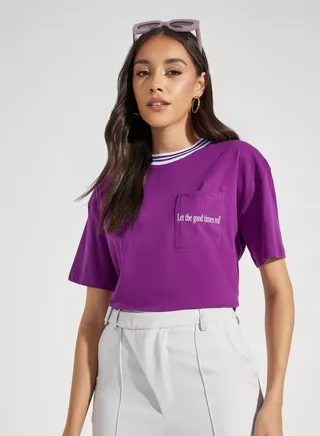 Oversized Good Times Pocket Slogan Ringer T-Shirt