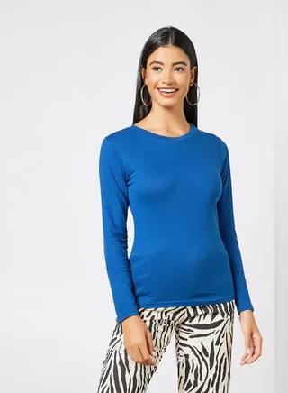 Women's Basic Crew Neck Long Sleeves Cotton Bio washed Premium Fabric Comfort Fit Stylish Design T-Shirt Navy 