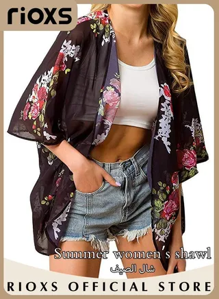 Women's Casual Floral Print Beach Cover Ups Short Sleeve Kimono Cardigan Loose Beach Swimsuit Dress 