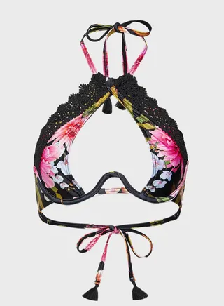 Floral Printed Bikini Top Pink/Black/Green 