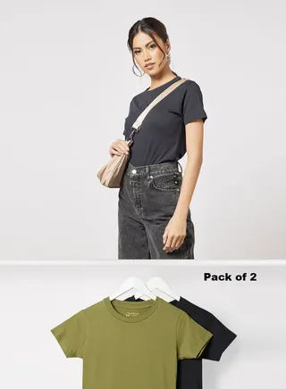 Pack Of 2 Women's Basic Crew Neck Cotton Biowashed Fabric Comfort Fit Stylish Design T-Shirt Black/Olive 