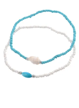 Handmade anklet natural conch rice beads blue and white double layer anklet 