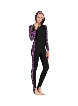 Printing Panel Women Long Sleeve Hooded One Piece Swimsuit Multicolour 