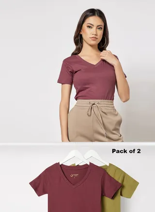 Women's Basic Pack of 2 T-Shirts V Neck Short Sleeves in Premium Bio washed Cotton Olive/Maroon 