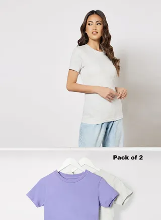 Women Pack of 2 TShirts Crew Neck Short Sleeves Comfort Fit Biowashed Premium Cotton Purple/Grey Melange 