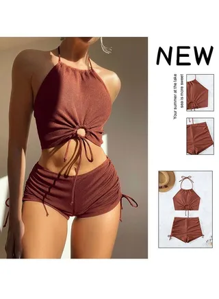1 Pack Bikini Swimsuit Strap Split Swimsuit Women'S Flat Angle Sports Beach Swimsuit Hollow Out Beach Skirt Push Up Textured Ring Linked for Swimwear 