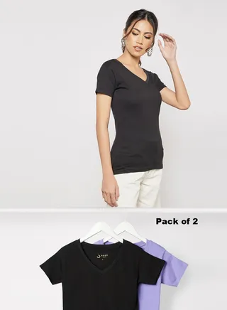 Women's Basic Pack of 2 T-Shirt V Neck Short Sleeves in Premium Bio washed Cotton Purple/Black 