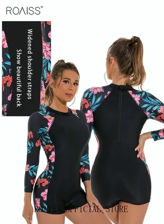 Women One Piece Backless Swimsuit Color Block Surf Clothes Long Sleeve Swimwear Conservative Beachwear Bathing Suit Sports Suits Jumpsuit 