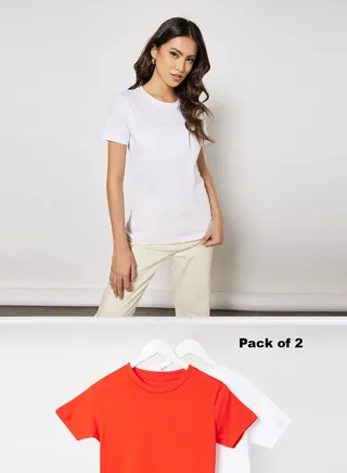 Pack Of 2 Women's Basic Crew Neck Cotton Biowashed Fabric Comfort Fit Stylish Design T-Shirt Red/White 