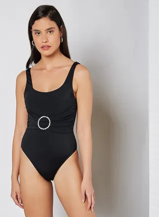 Rhinestone Buckle Swimsuit Black/Clear 